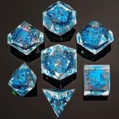 Sharp Edged Dice Set with Blue Metal Dragon Inclusion