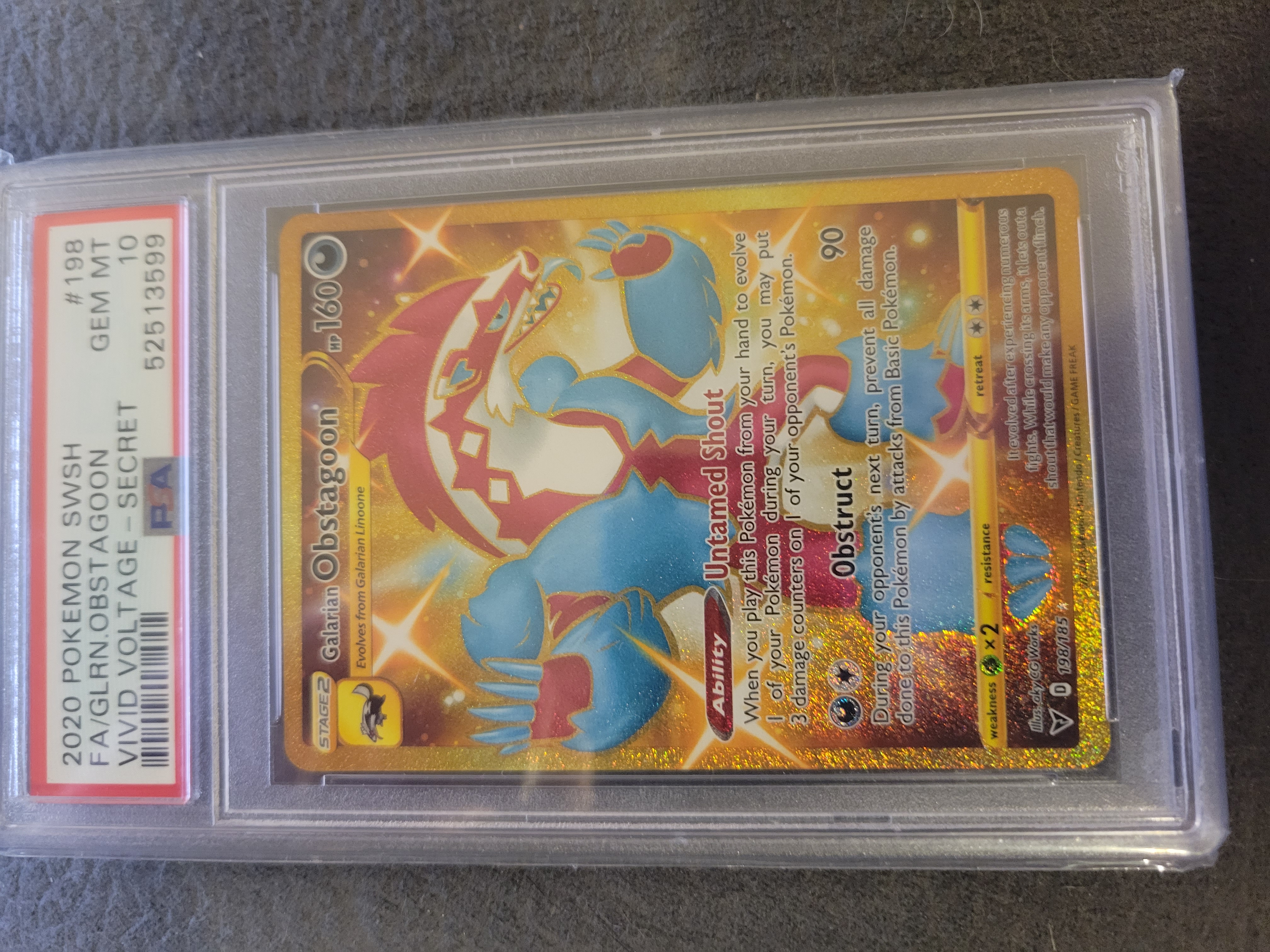 Galarian Obstagoon Gold Secret Rare - Vivid Voltage - PSA 10 Gem Mint - 198/185