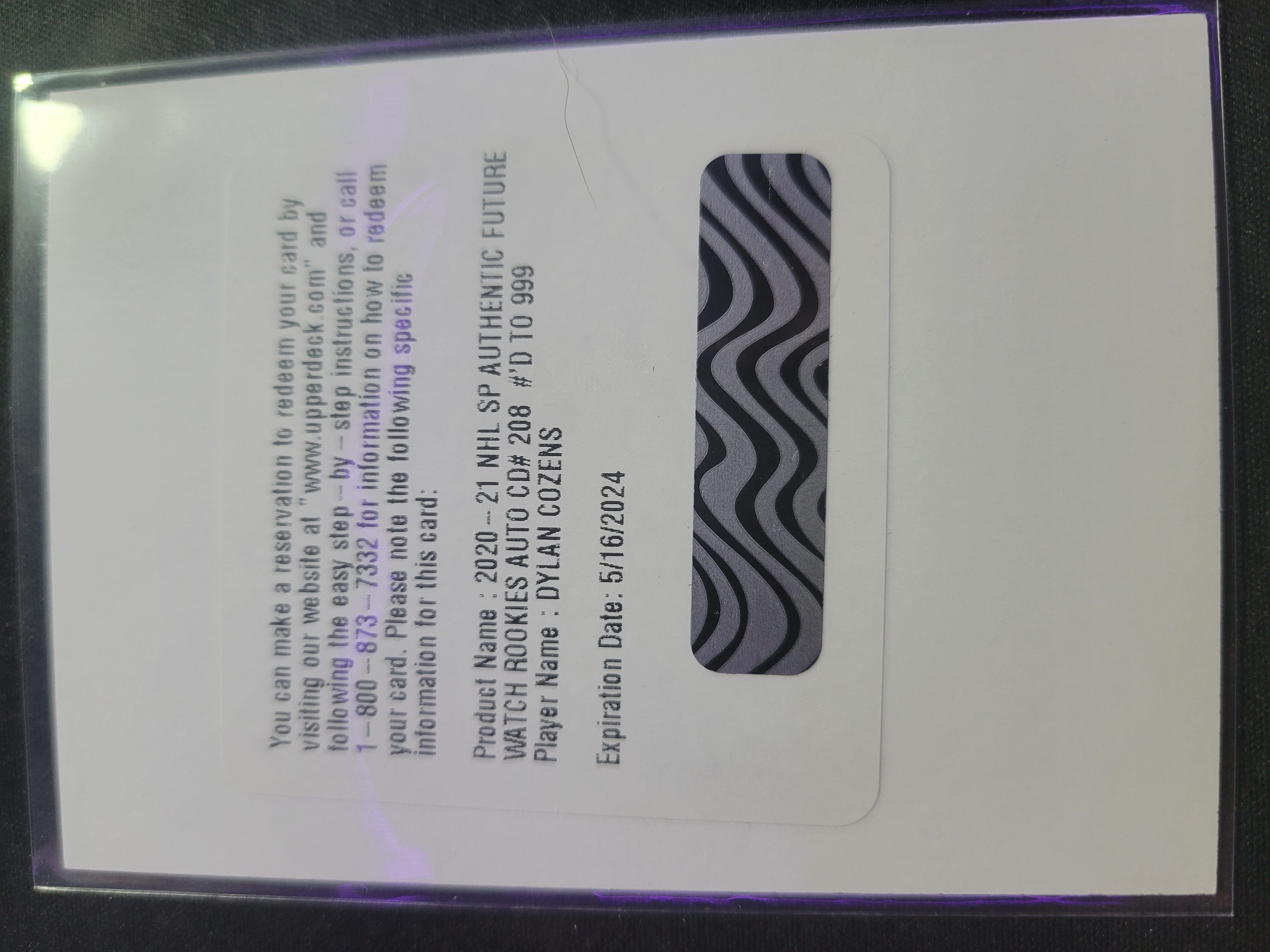 2020-21 UD SP Authentic Hockey DYLAN COZENS Redemption Future Watch Auto