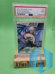 2021 UD SP Game Used Authentic Rookies Blue Alex Newhook Rookie Auto RC PSA 9