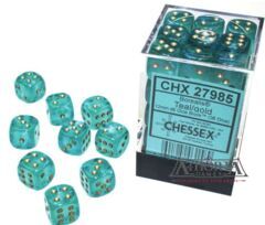 27985 Borealis: 12mm d6 Teal/gold Luminary Dice Block (36 dice)