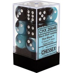12 D6 Dice Block - 16mm Gemini Black-Shell with White - CHX26646