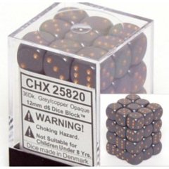 36 D6 Dice Block - 12mm Opaque Dark Grey with Copper - CHX25820