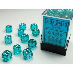 D6 -- 12MM TRANSLUCENT DICE, TEAL/WHITE; 36CT CHX23815