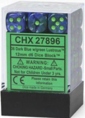 36 Dark Blue w/Green Lustrous 12mm D6 Dice Block - CHX27896