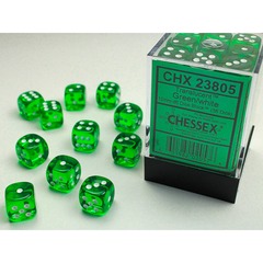 D6 -- 12MM TRANSLUCENT DICE, GREEN/WHITE; 36CT CHX23805