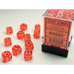 D6 -- 12MM TRANSLUCENT DICE, ORANGE/WHITE; 36CT CHX23803