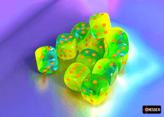 Chessex Gemini Plasma Green-Teal/orange Luminary 16mm d6 Dice Block (12 dice)
