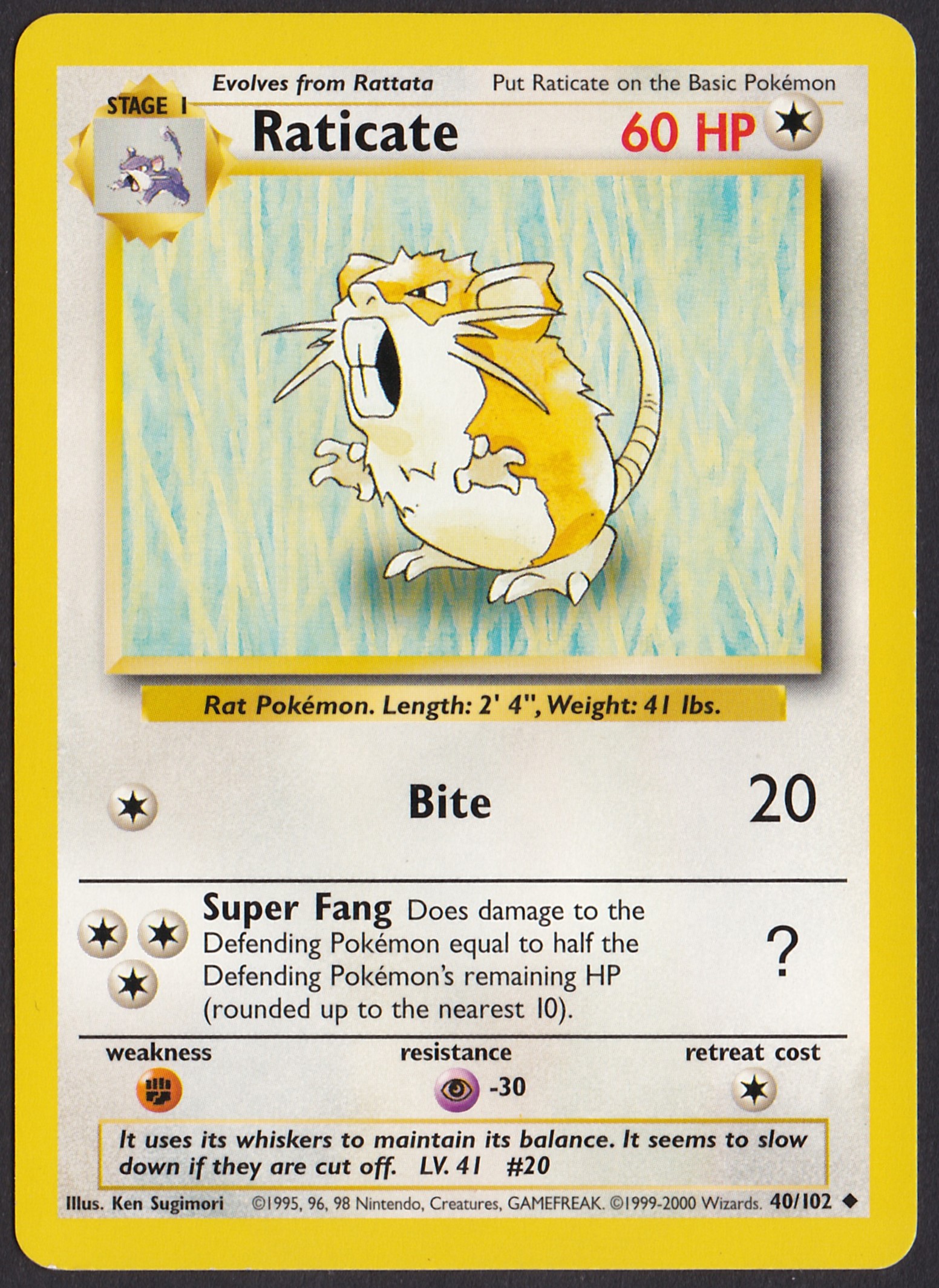 Raticate - 40/102 - Uncommon - Uk 4th Print 1999-2000