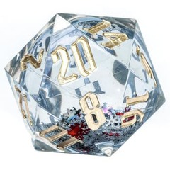 Large D20 Snow Globe Dice: Gold Ink, Silver Glitter, Red and Green Snowflakes