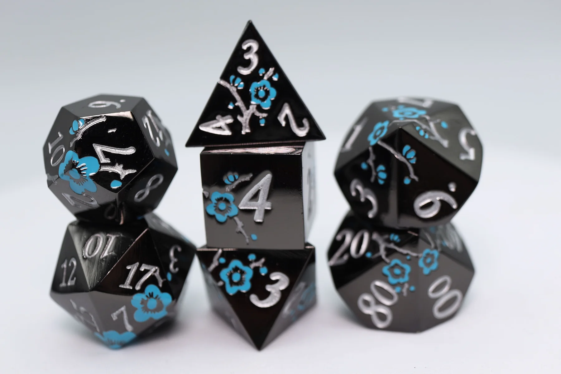 METALLIC BOUQUET: BLACK WITH BLUE ORCHIDS - METAL RPG DICE SET