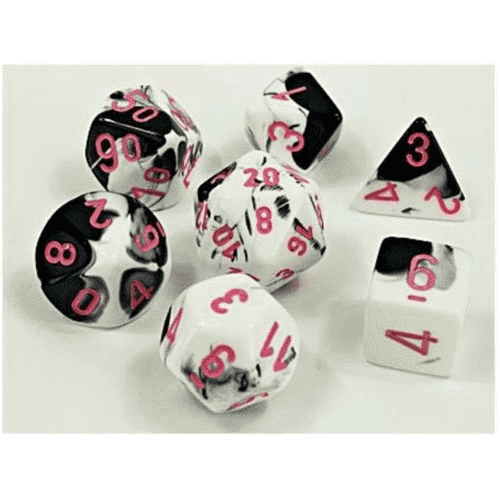 7CT LAB DICE GEMINI POLY SET: BLACK-WHITE/PINK CHX30043