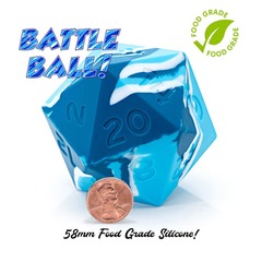 RANDOM ENCOUNTER: BATTLE BALL: TWO BLUES AND BANDAGE WHITE SWIRLS: 58MM EPIC SILICONE D20 DICE