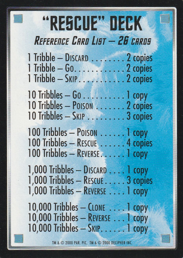 Rescue Deck Reference Card List