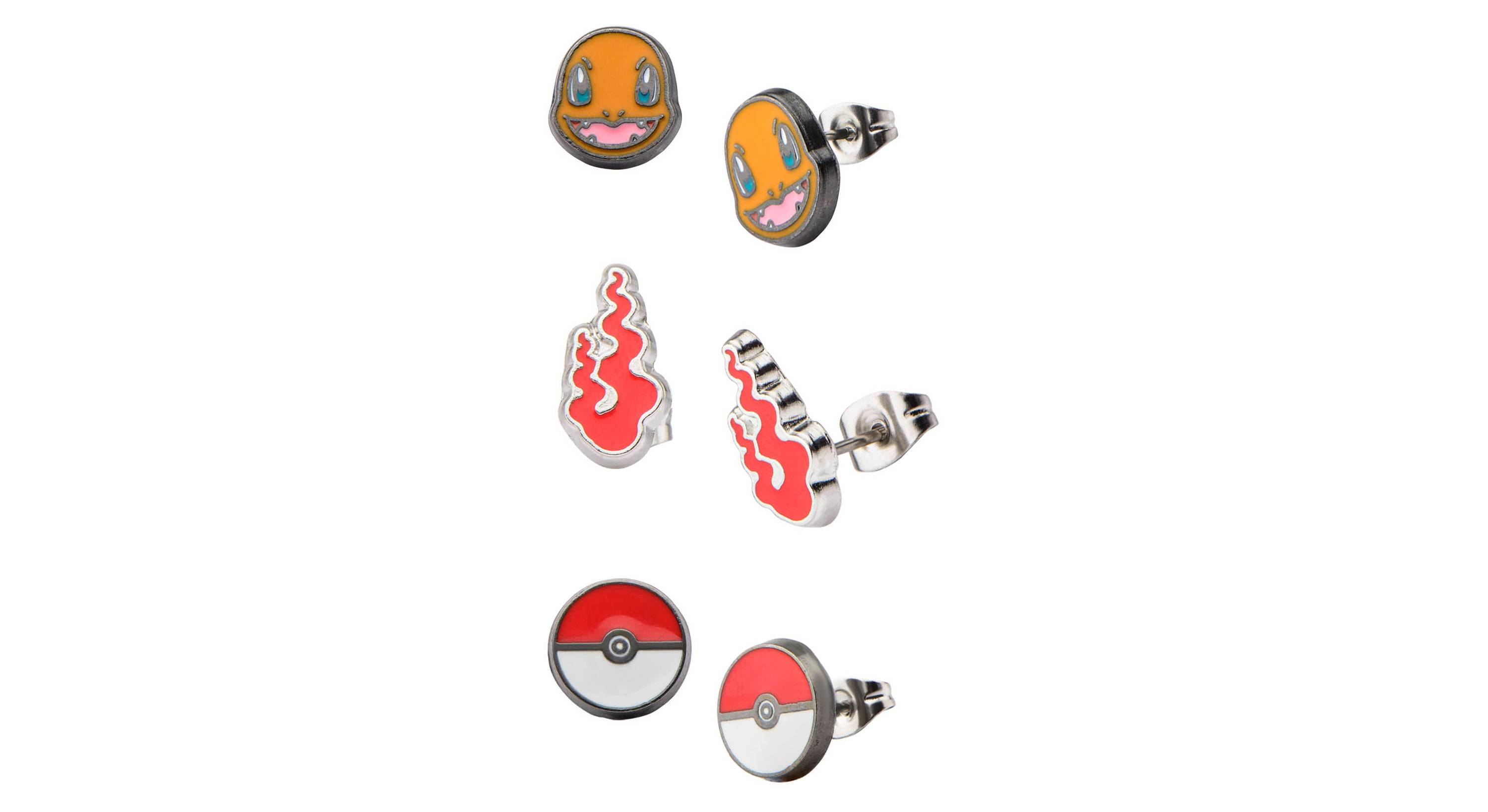 Charmander, Pokeball, Flame Stainless Steel Stud Earring Set