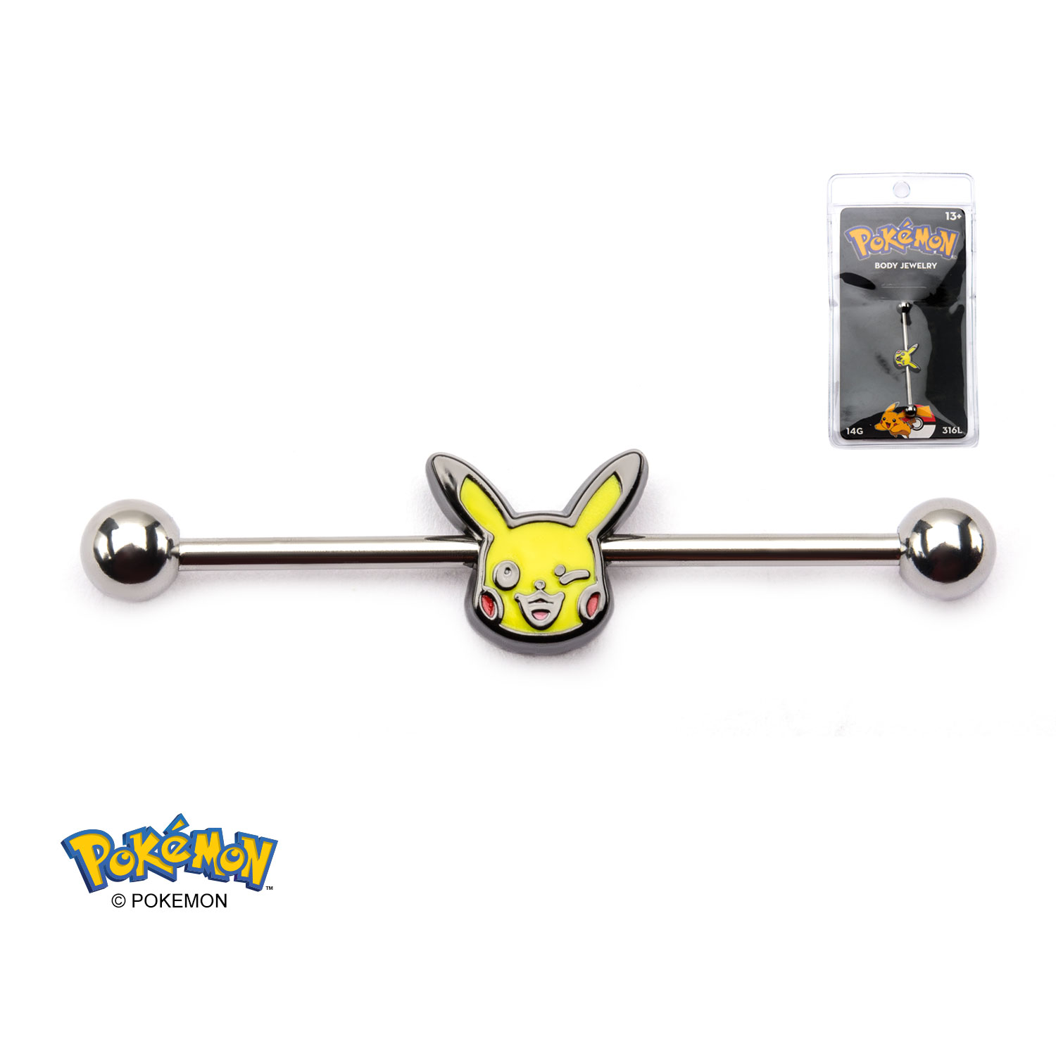 Winking Pikachu 14-Gauge 1 3/8 Industrial Barbell