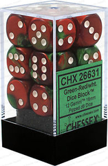 Chessex Dice CHX 26631 Gemini 16mm D6 Green-Red w/ White Set of 12