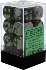 Chessex Dice CHX 26645 Gemini 16mm D6 Black-Grey w/ Green Set of 12