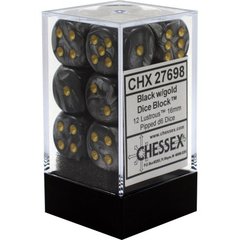 Chessex Dice CHX 27698 Lustrous 16mm D6 Black w/ Gold Set of 12