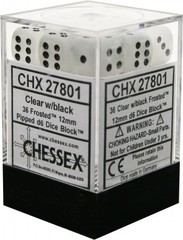 Chessex Dice CHX 27801 Frosted 12mm D6 Clear w/ Black Set of 36