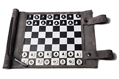 Leather Travel Chess & Checkers Set - Gray