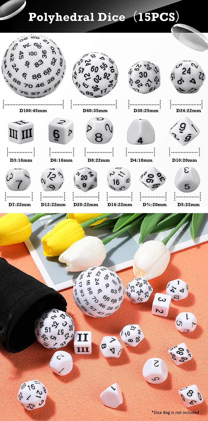 DAD071 - Complete Dice Set D3-D100 (15pcs) White