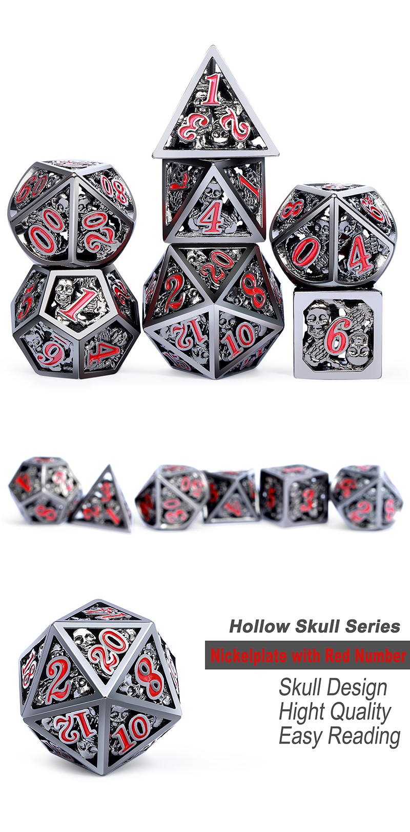 DAD615 - Hollow Dice Set - Skull - Gunmetal & Red