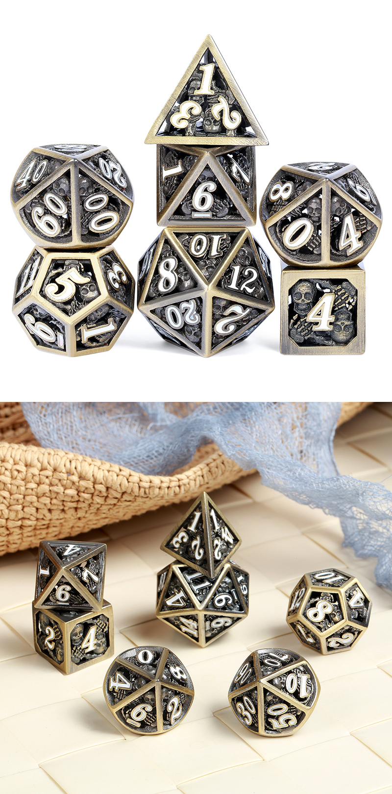 DAD617 - Hollow Dice Set (7pc) Skull - Bronze & White