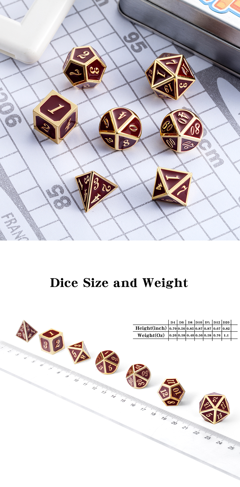 DAD512 - Metal & Enamel Dice Set - Maroon & Gold