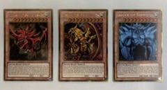 Yu-Gi-Oh! Egyptian God Card Set of 3 - Premium Gold Rare PGLD-EN001, EN002 & EN003 (Playable Back) in Custom Protective Showcase