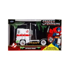 Jada Transformers G1 Optimus Prime Big Rig with Ghostbusters Ecto-1 Graphics 1:24 Scale Die-Cast Metal Vehicle