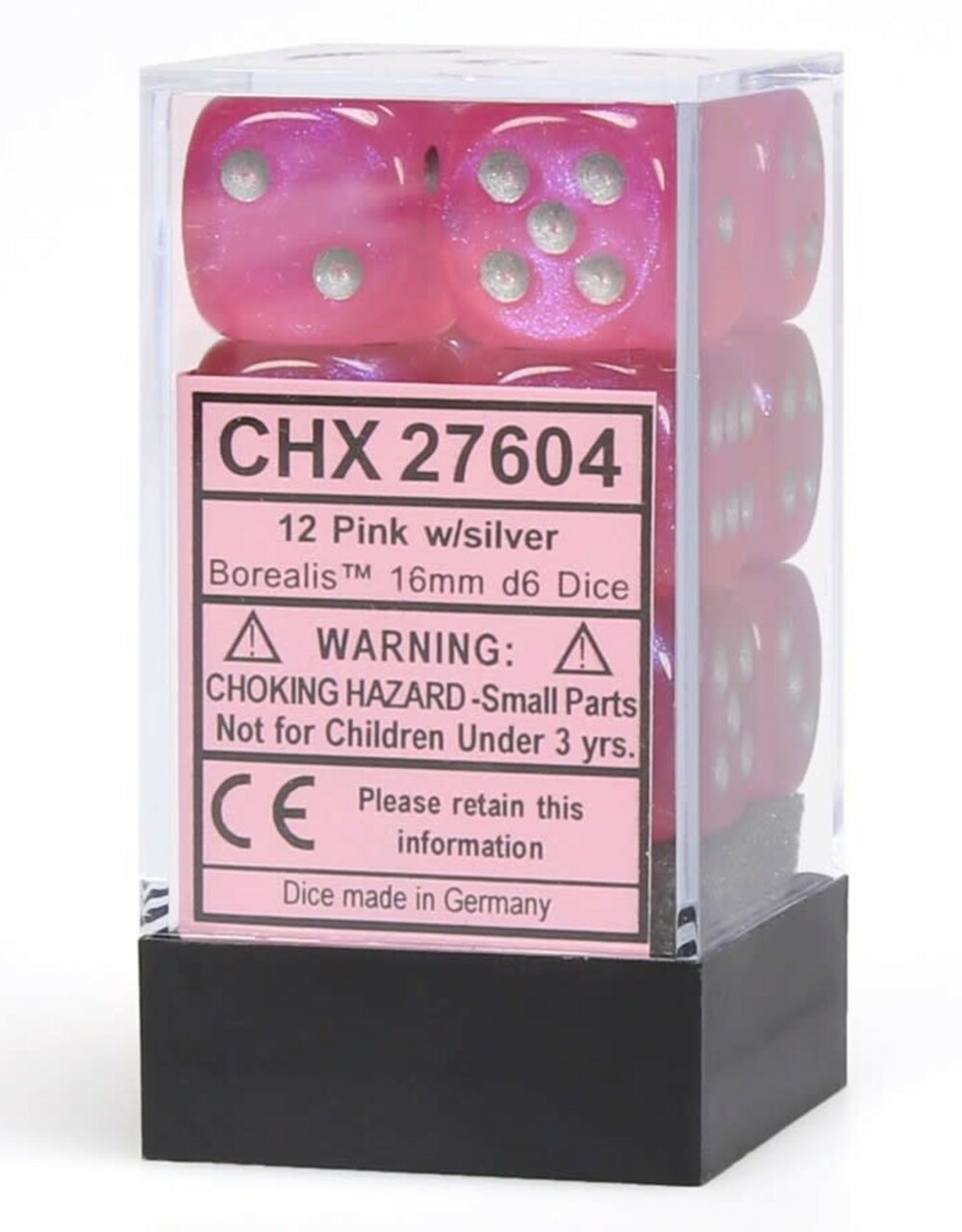 CHX27784 - Luminary Pink/Silver Dice16mm d6 Dice Block (12 Dice)
