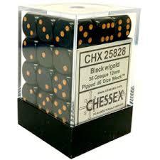 CHX25828 - Opaque Black W/ Gold 12mm d6 36 Dice Block