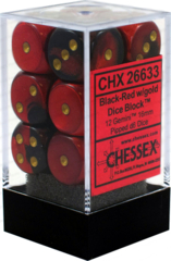 CHX26633 - Dice d6 Set: Black Red with Gold - 16mm (12) Block of Dice