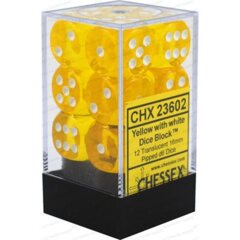 CHX23602 - Dice d6 Set: Yellow with White Translucent - 16mm Six Sided Die (12) Block of Dice