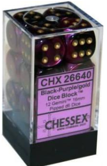 CHX26640 - Gemini Black-Purple/Gold 16mm d6 Dice Block (12 Dice)