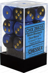 CHX26635 - Dice d6 Set: Black Blue with Gold - 16mm (12) Block of Dice