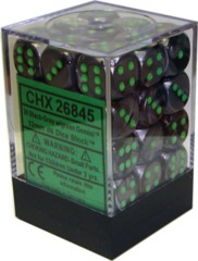 CHX26845 - Dice d6 Set: Black-Grey w/ Green  - 12mm  (36) Block of Dice
