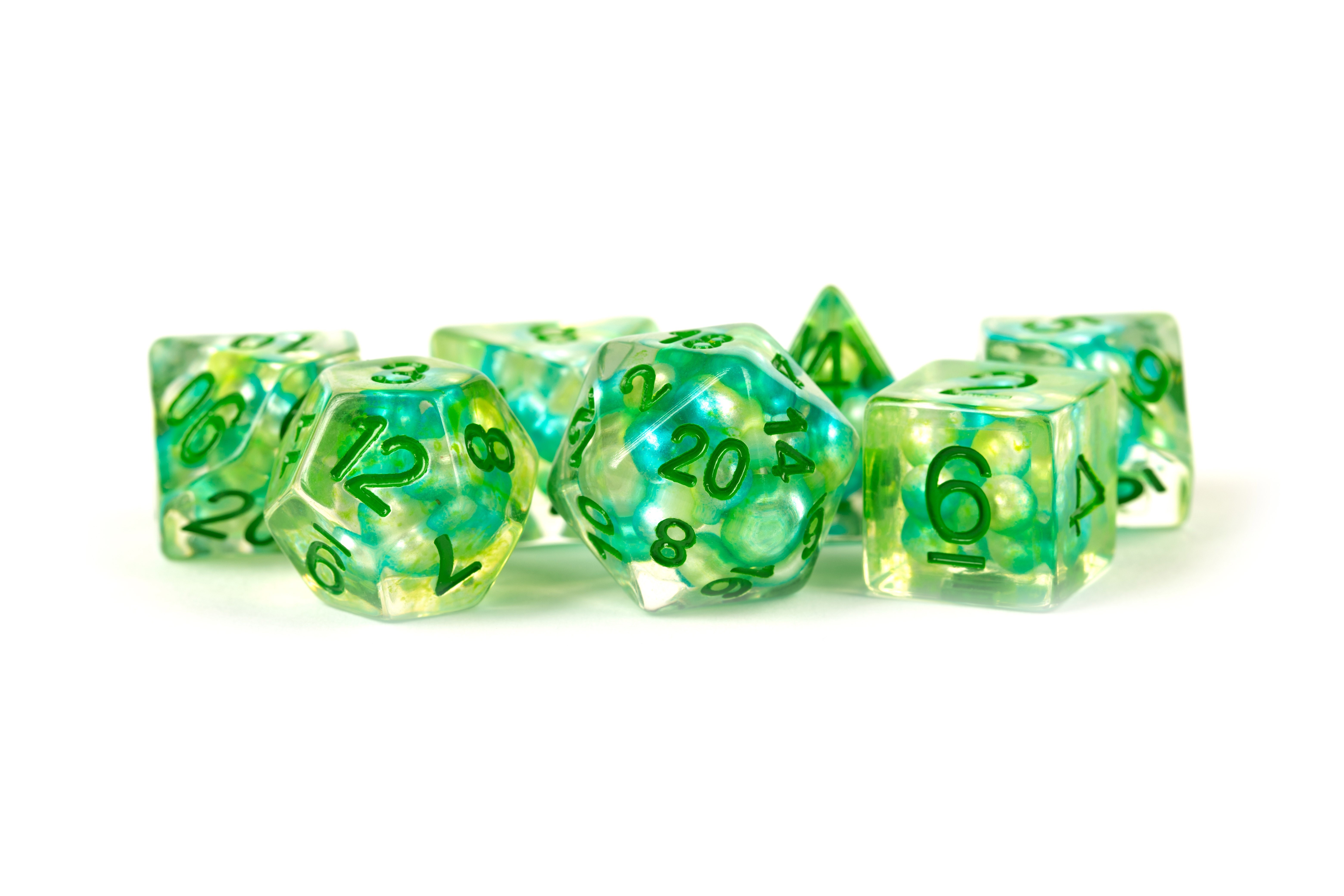 Pearl Dice Sea Foam w/ Green Numbers 16mm Resin Poly Dice Set