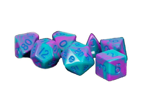 Purple/Teal w/ Blue Numbers 16mm Polyhedral Dice Set