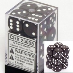 CHX25608 - Dice d6 Sets: Black with White - 16mm (12) Block of Dice