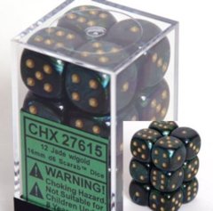 CHX27615 - Dice d6 Set: Jade with Gold - 16mm (12) Block of Dice