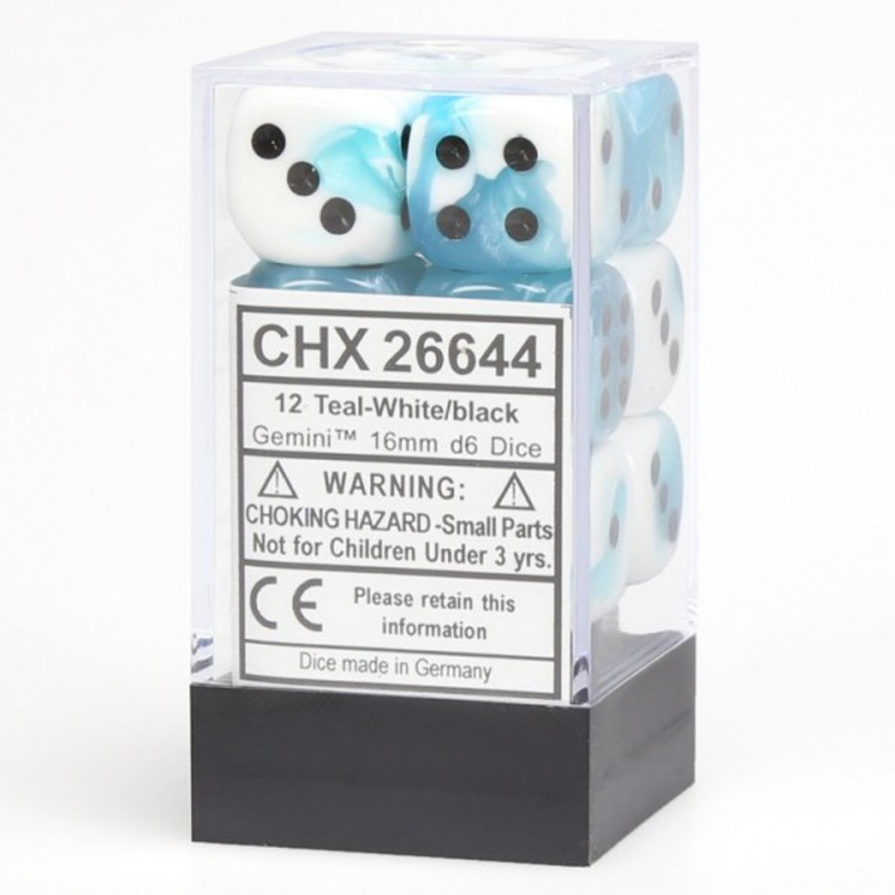 Gemini Teal-White/black 16mm d6 Dice Block (12 dice)