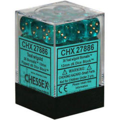 CHX27886 - Dice d6 Set: TealW/Gold Borealis  - 12mm Six Sided Die (36) Block of Dice