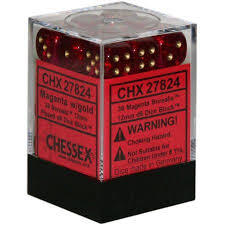 CHX27824 - Dice d6 Set: Magenta W/Gold Borealis  - 12mm Six Sided Die (36) Block of Dice