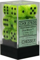 CHX27630 - Dice d6 Set: Vortex Bright Green with Black - 16mm (12) Block of Dice