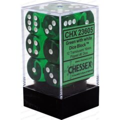 CHX23605 - Dice d6 Set: Green with White Translucent - 16mm Six Sided Die (12) Block of Dice