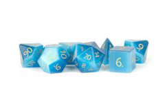 First Tier Gemstone Polyhedral Dice Set - Engraved Cat's Eye Aquamarine