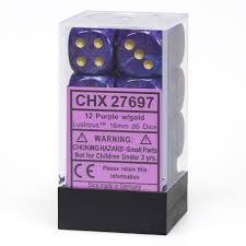 Lustrous Purple/gold 16mm d6 Dice Block (12 dice)