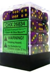 CHX26834 - Dice d6 Set: Green-Purple/Gold  - 12mm  (36) Block of Dice